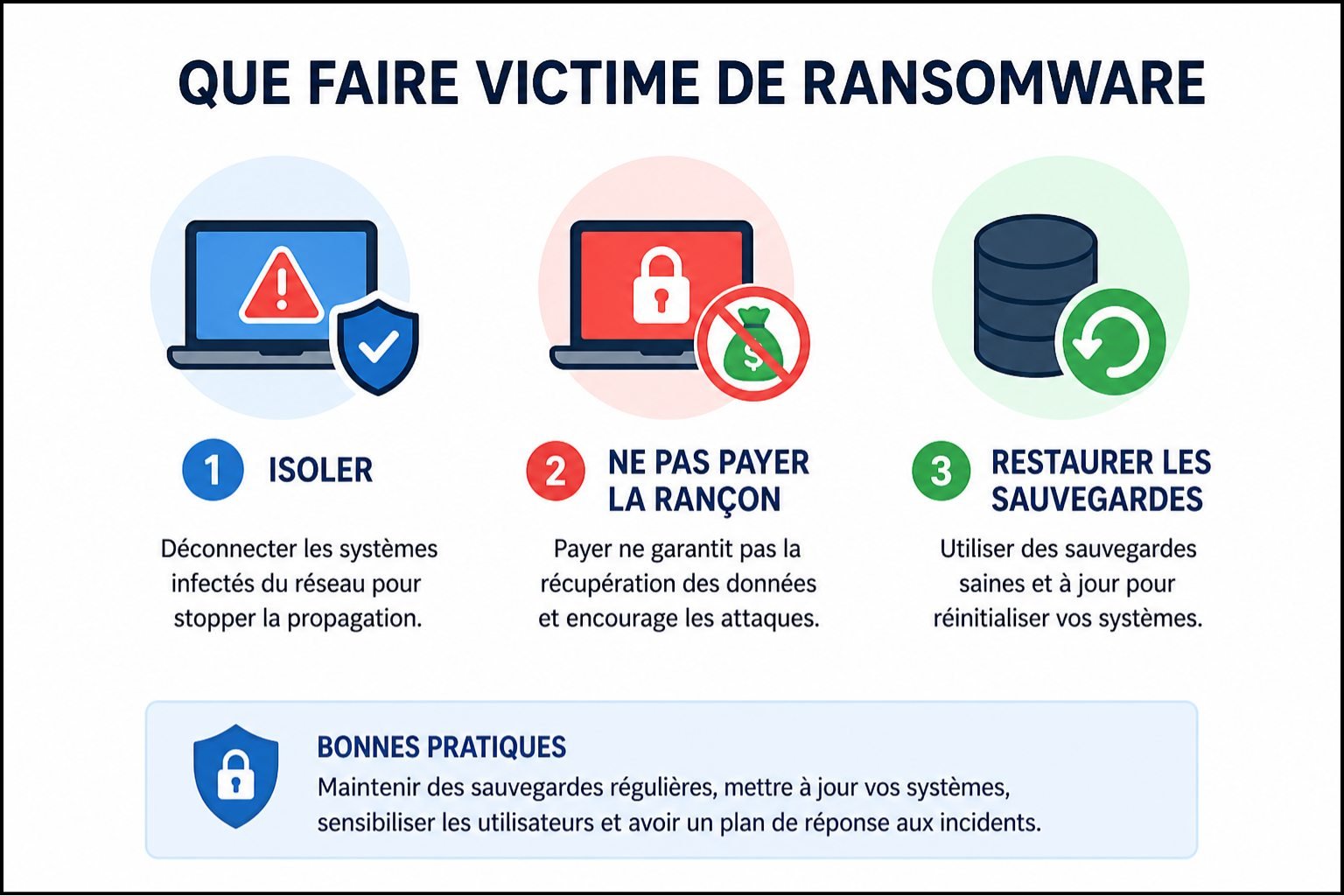 Que faire victime de ransomware - isoler, ne pas payer la rançon, restaurer les sauvegardes
