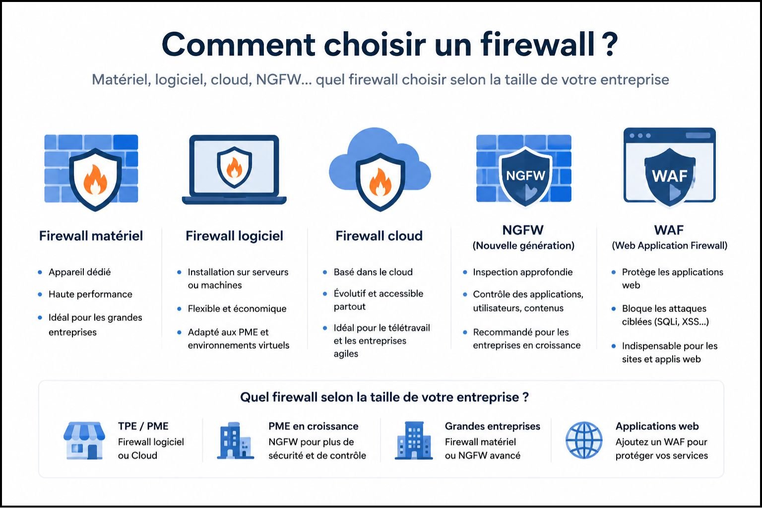 Comment choisir un firewall - matériel, logiciel, cloud, NGFW selon taille entreprise
