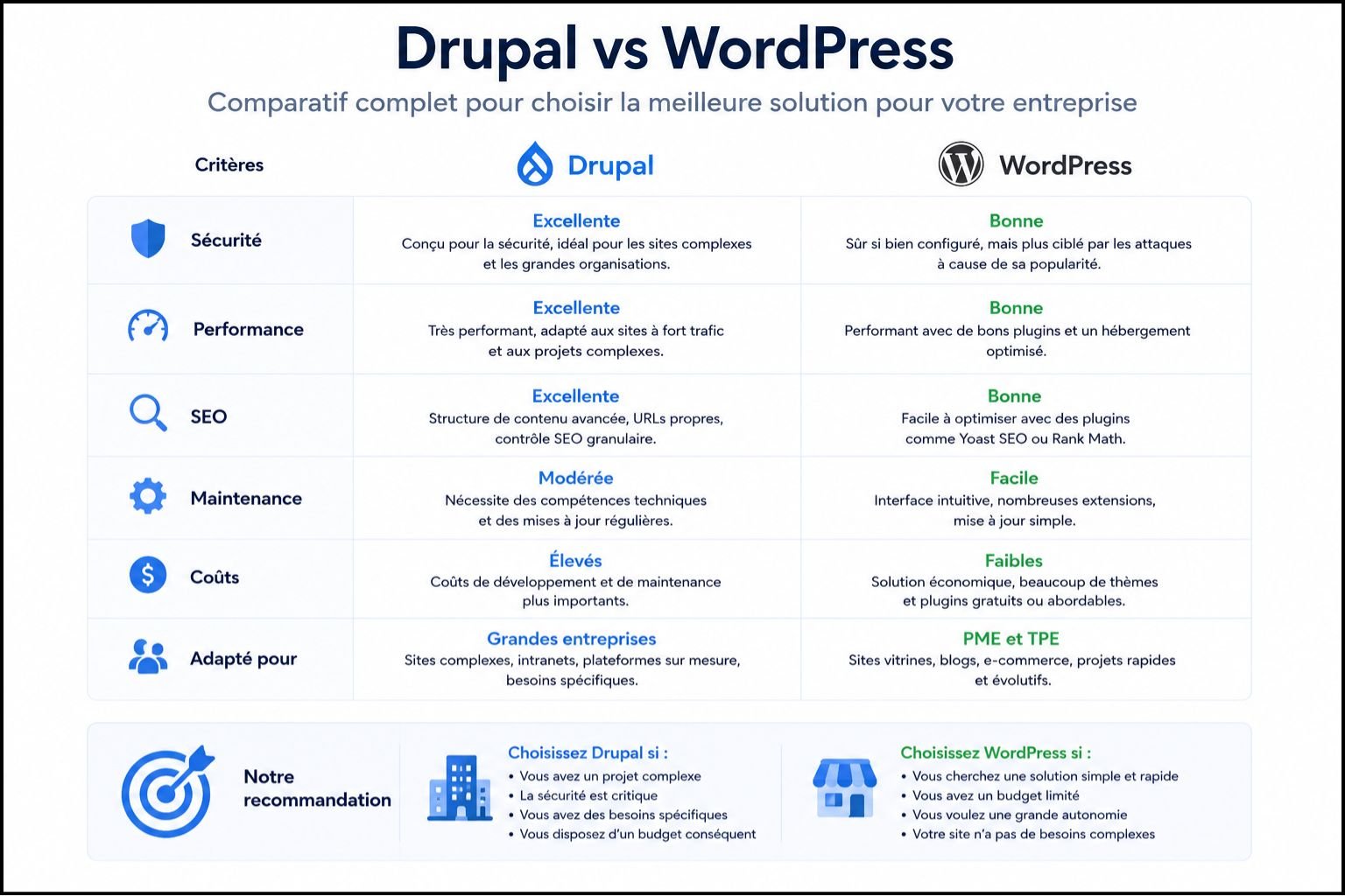 Drupal vs WordPress comparaison sécurité performance SEO maintenance coûts entreprise