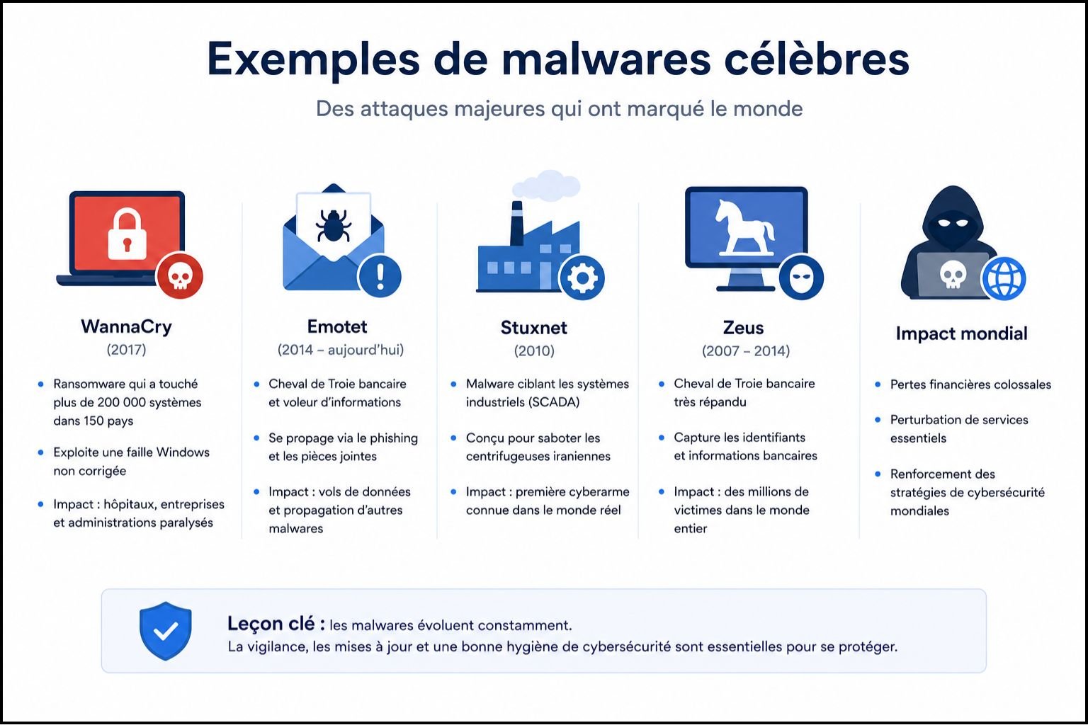 Exemples malware célèbres - WannaCry, Emotet, Stuxnet, Zeus et leur impact mondial