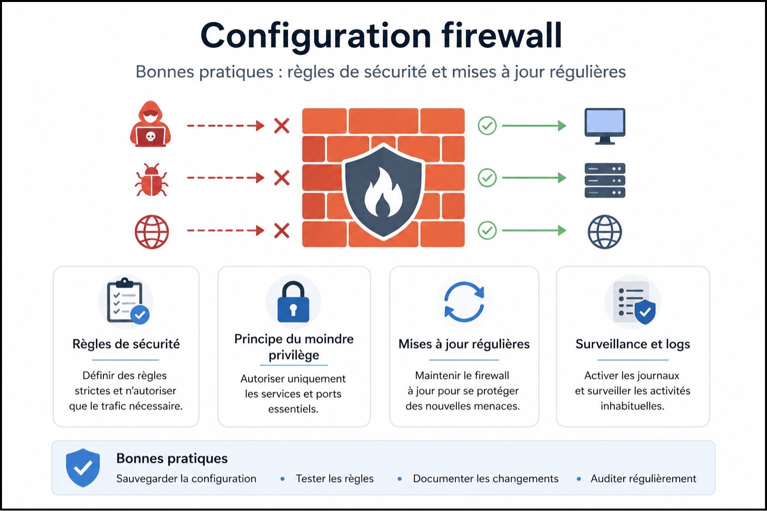 Configuration firewall - bonnes pratiques règles de sécurité et mises à jour régulières
