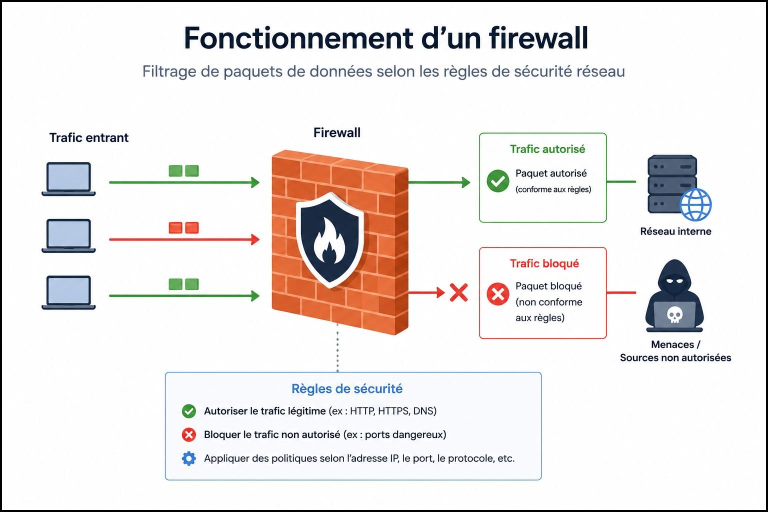 Fonctionnement firewall - filtrage de paquets de données selon règles de sécurité réseau