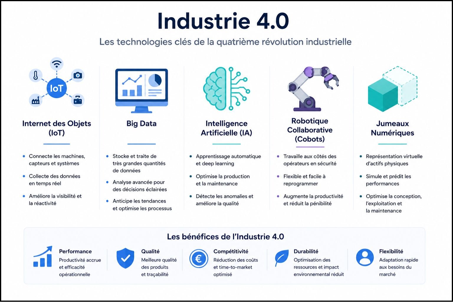 Technologies clés Industrie 4.0 - IoT, Big Data, IA, robotique collaborative et jumeaux numériques