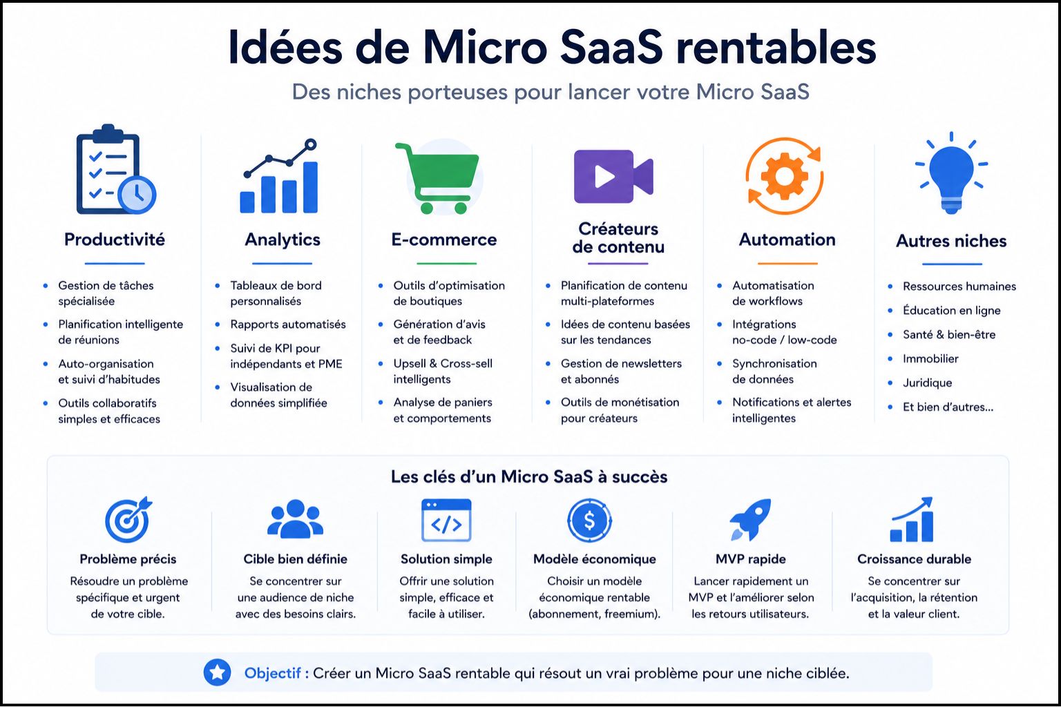 Micro SaaS idées niches productivité analytics e-commerce créateurs contenu automation