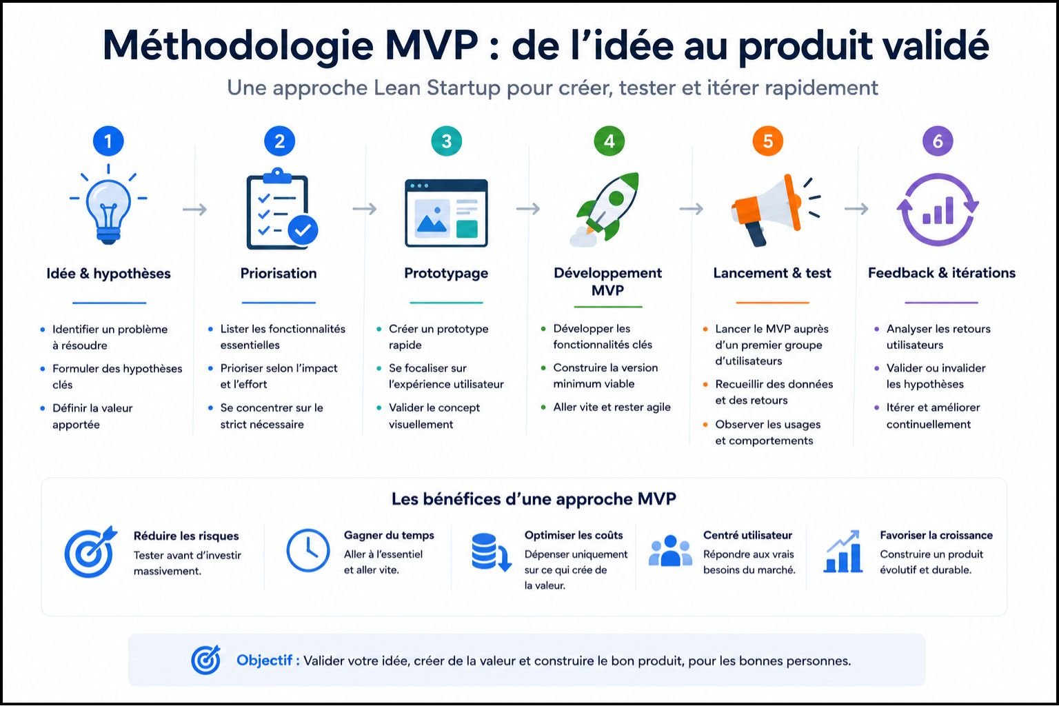 MVP méthodologie création validation hypothèses prototypage lancement feedback itérations Lean Startup