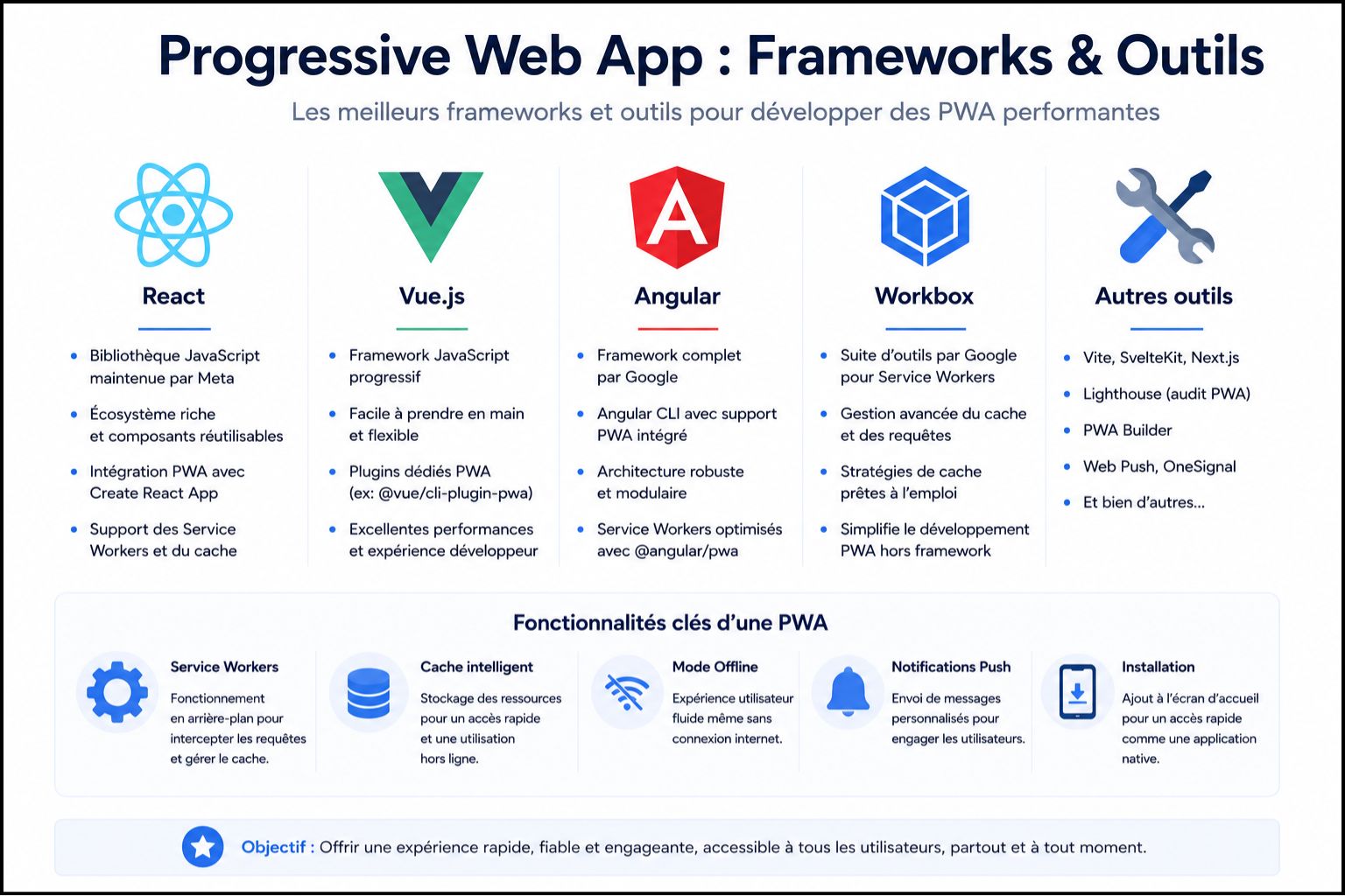 Progressive Web App frameworks développement React Vue Angular Workbox service workers