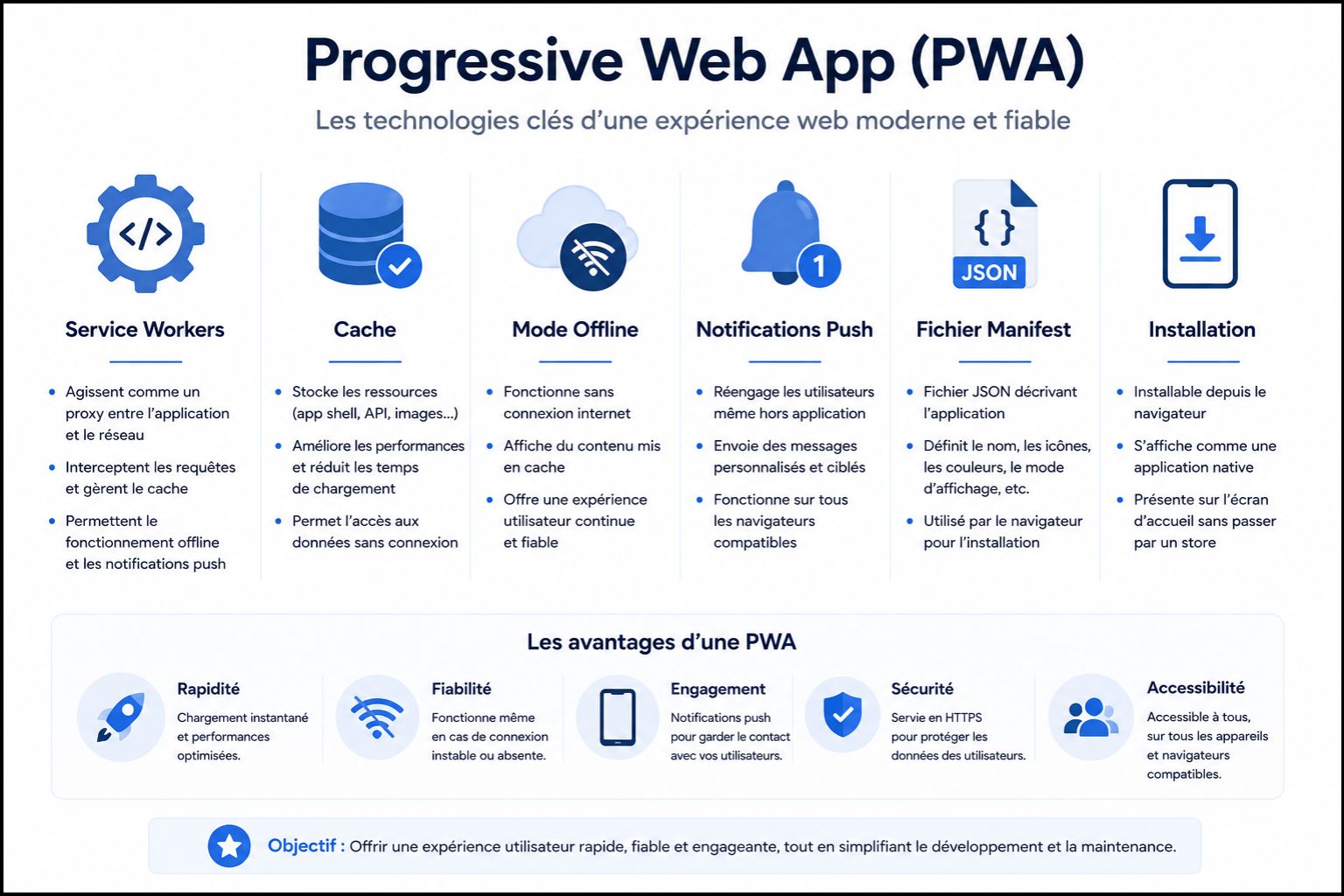 Progressive Web App service workers cache offline notifications, push manifest installation