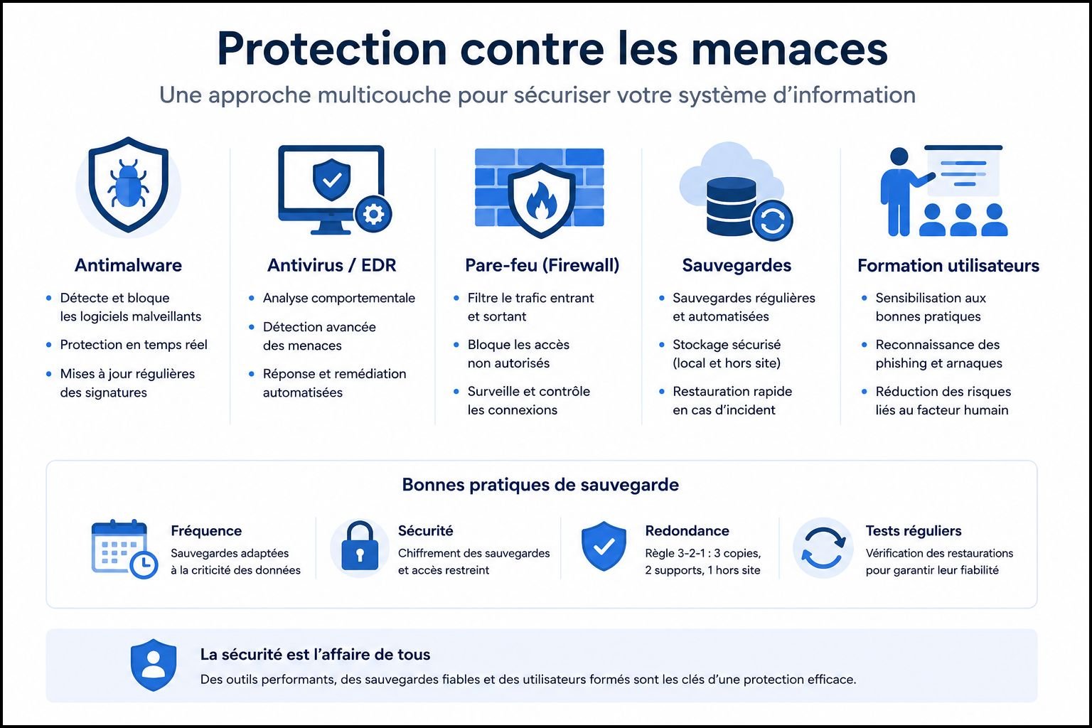 Protection contre malware - antivirus EDR, firewall, sauvegardes et formation utilisateurs