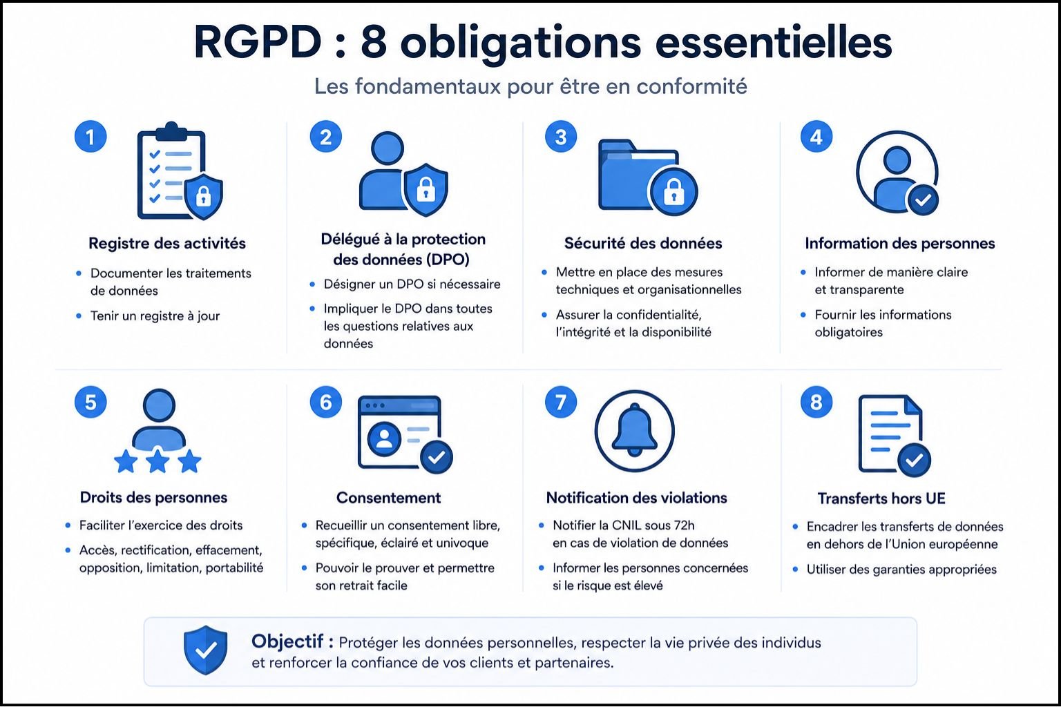 Les 8 obligations essentielles du RGPD - registre, DPO, droits, consentement et sécurité