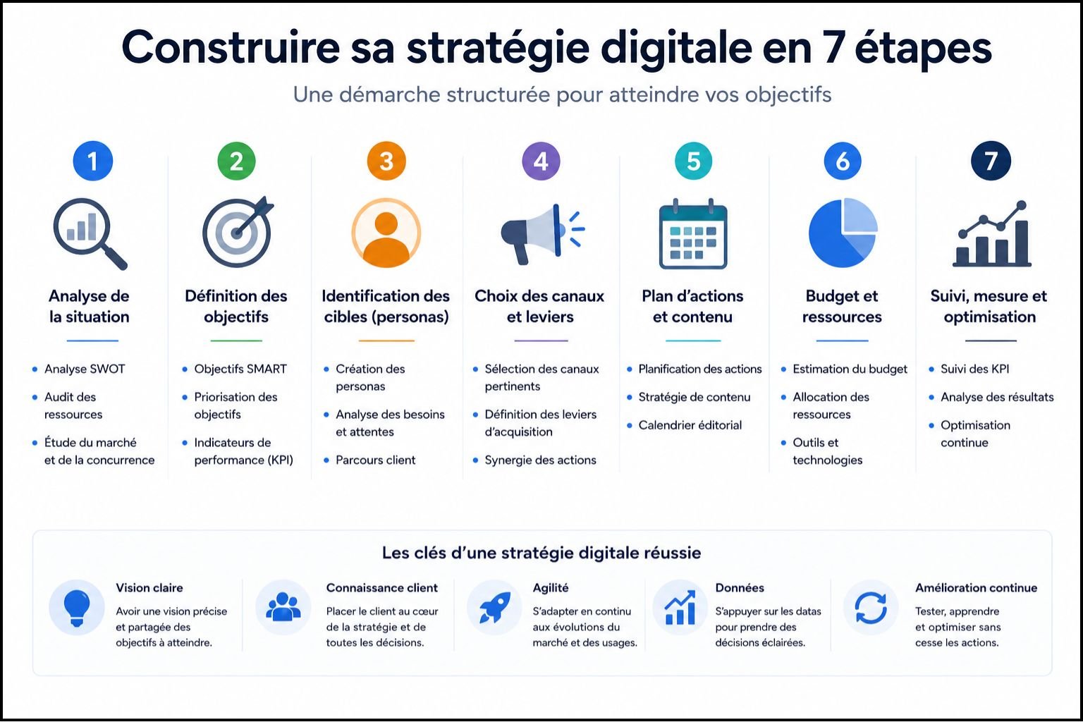 7 étapes construire stratégie digitale - analyse SWOT, objectifs SMART, personas, canaux