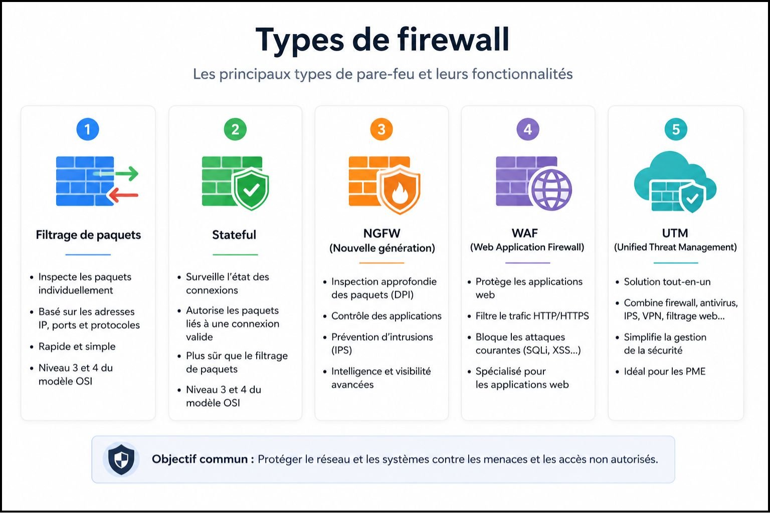 Types de firewall - filtrage paquets, stateful, NGFW nouvelle génération, WAF et UTM