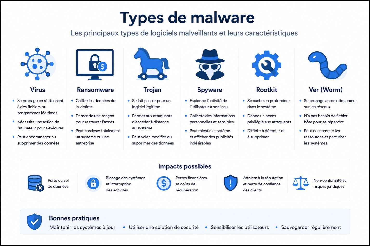 Types de malware - virus, ransomware, trojan, spyware, rootkit, ver informatique