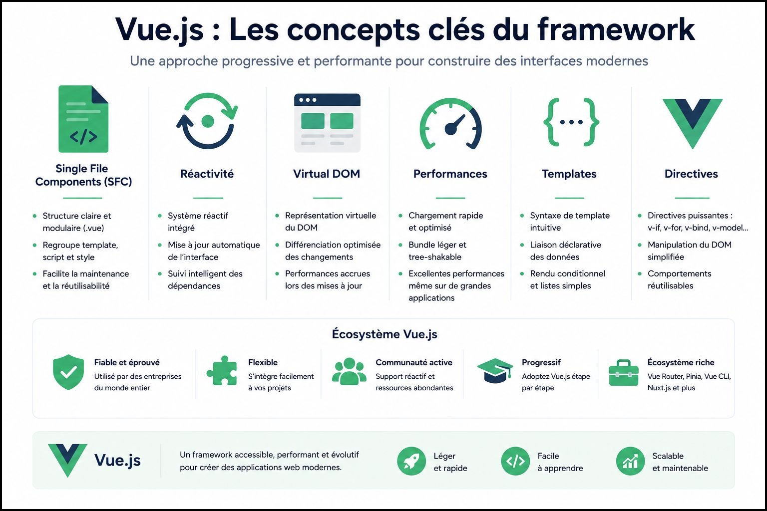 Vue.js Single File Components réactivité Virtual DOM performances templates directives