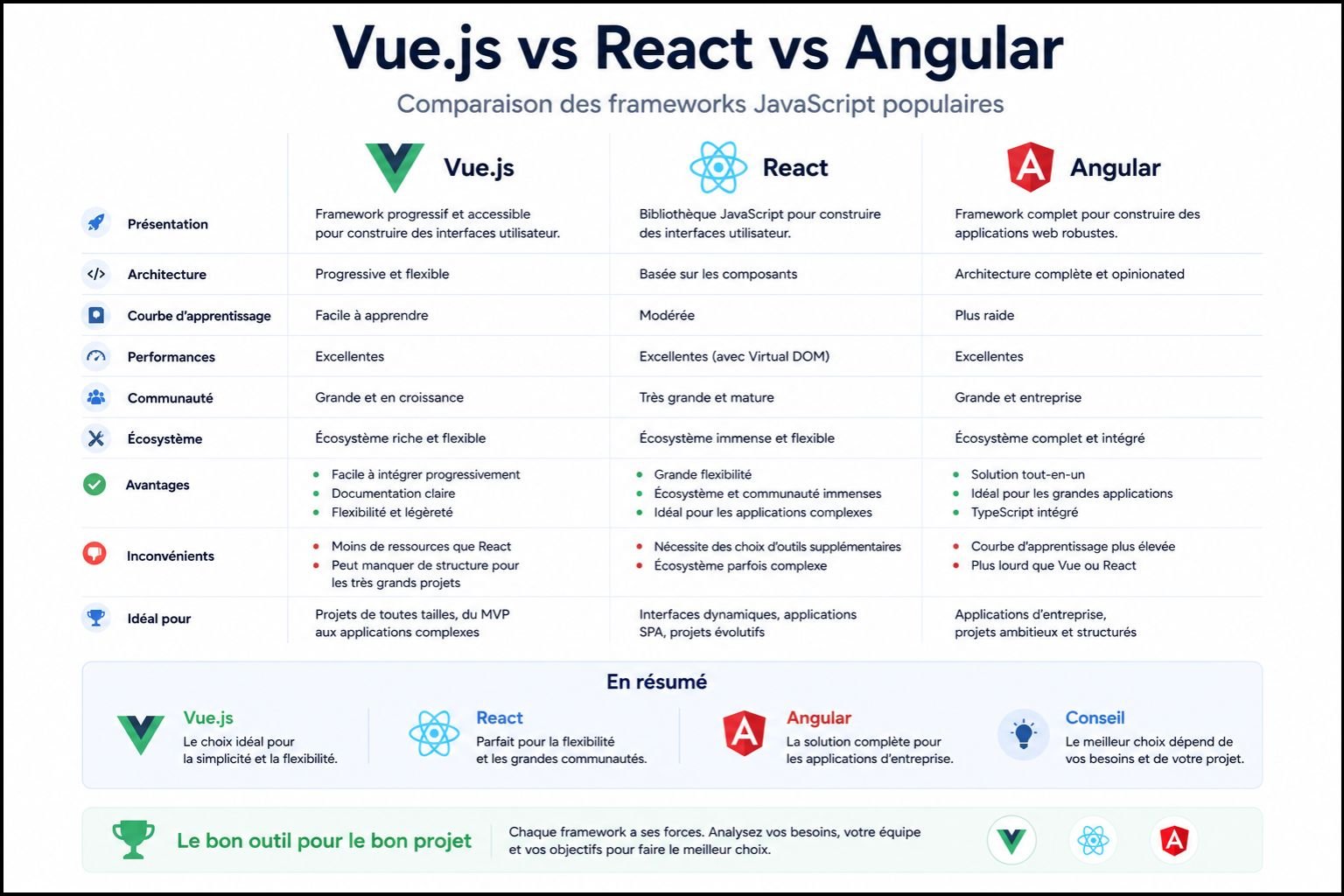 Vue.js vs React Angular comparaison frameworks JavaScript avantages inconvénients
