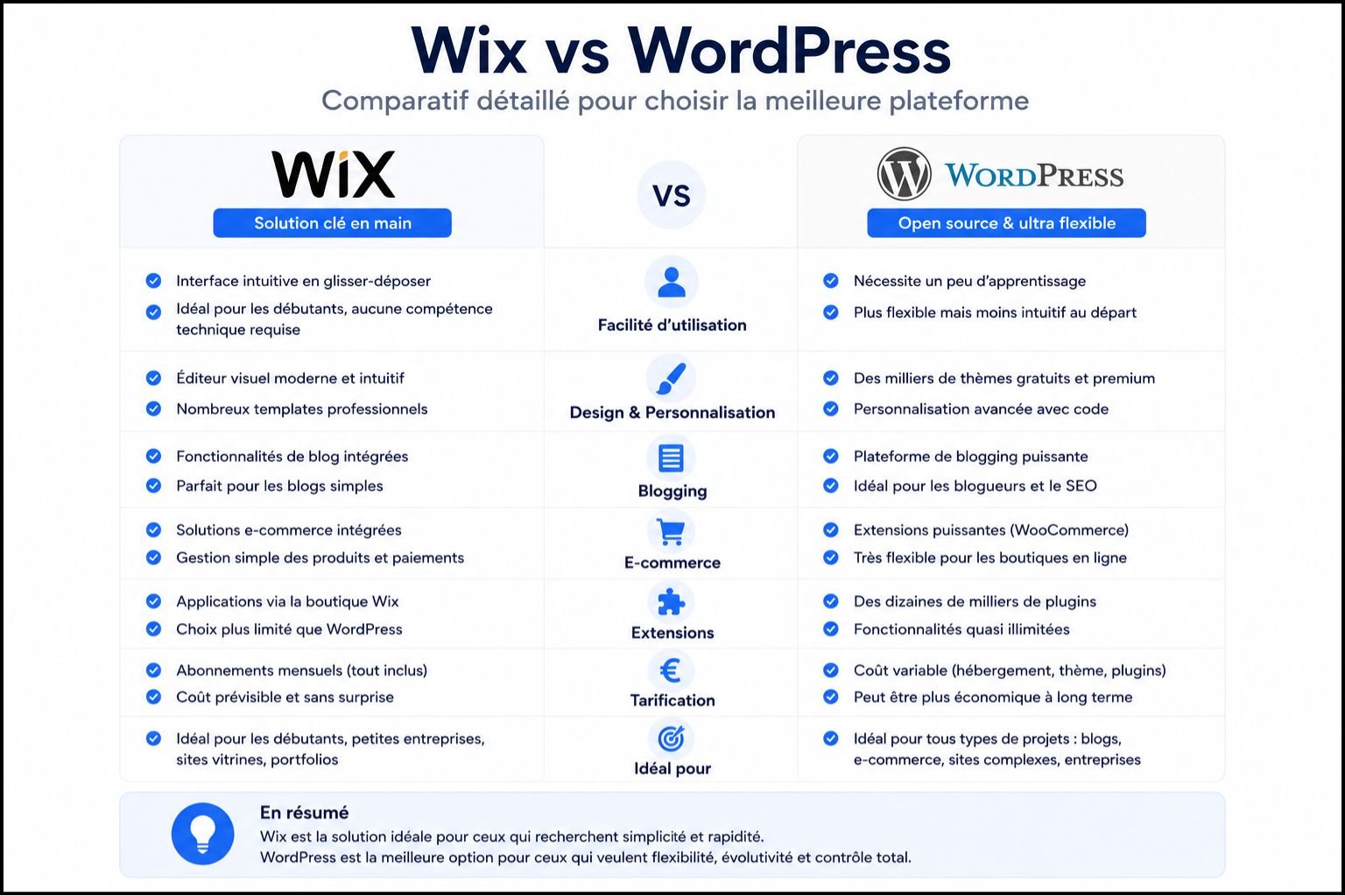 Wix vs WordPress comparaison facilité utilisation design blogging e-commerce