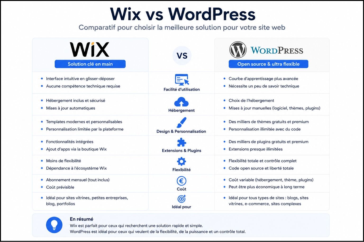 Wix vs WordPress présentation - clé en main drag-drop vs open source plugins flexibilité