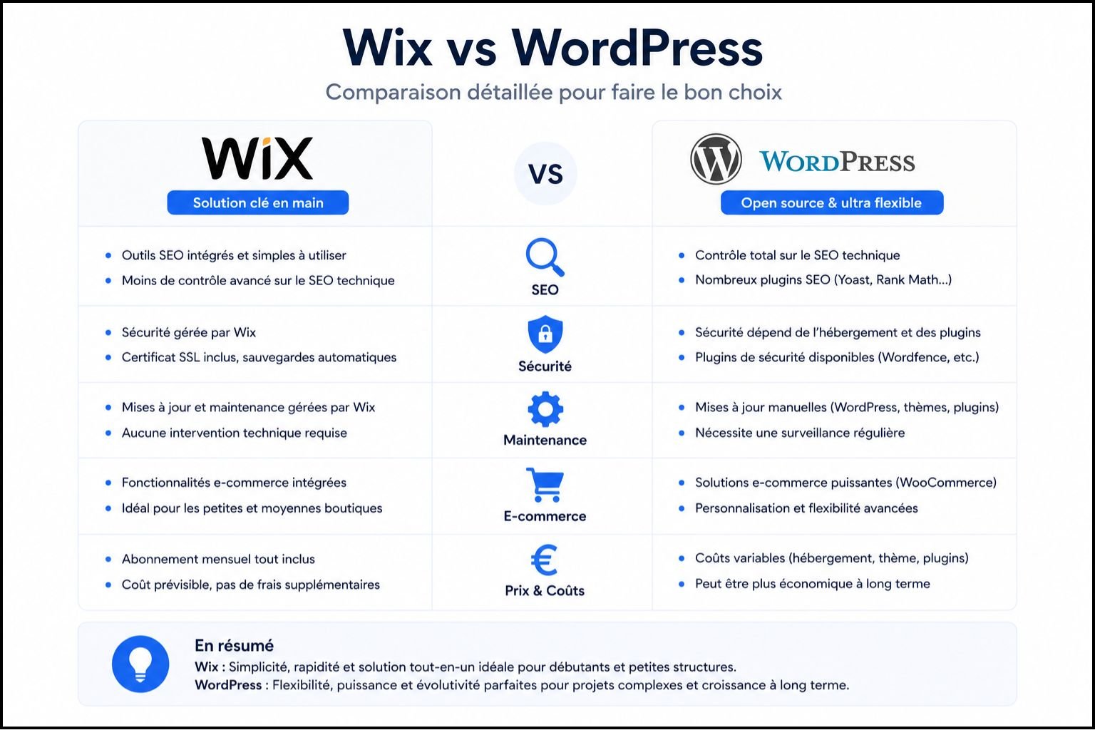 Wix vs WordPress comparaison SEO sécurité maintenance e-commerce prix coûts