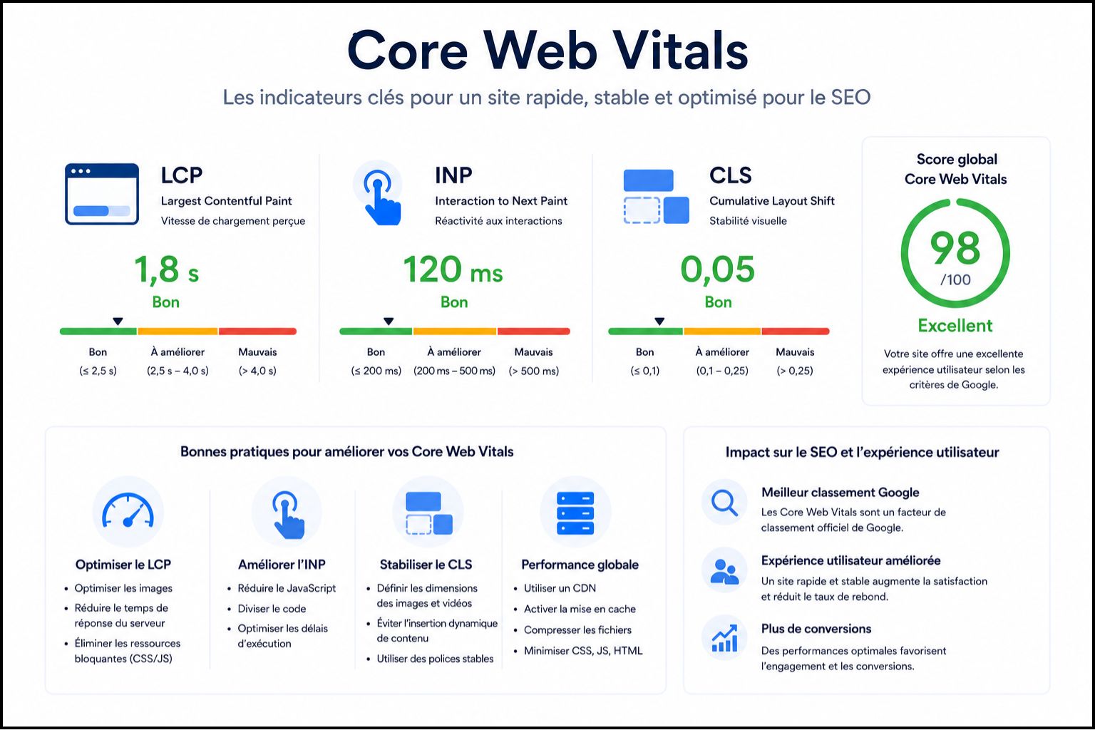 Analyse des indicateurs Google Core Web Vitals (LCP, CLS) pour optimiser les performances seo d'un site web.