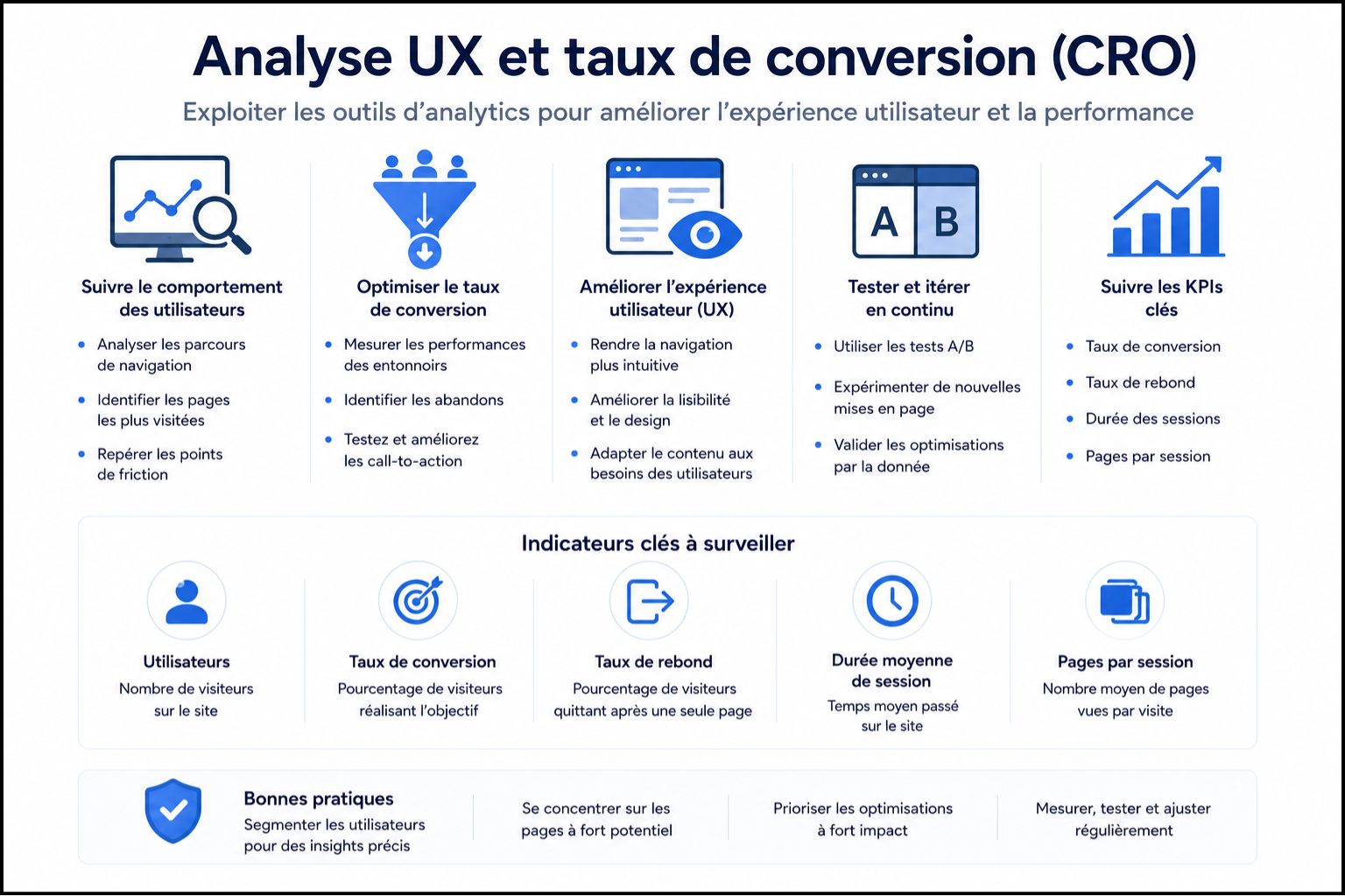 Analyse de l'expérience utilisateur (UX) et du taux de conversion via des outils d'analytics pour l'entretien de site web.