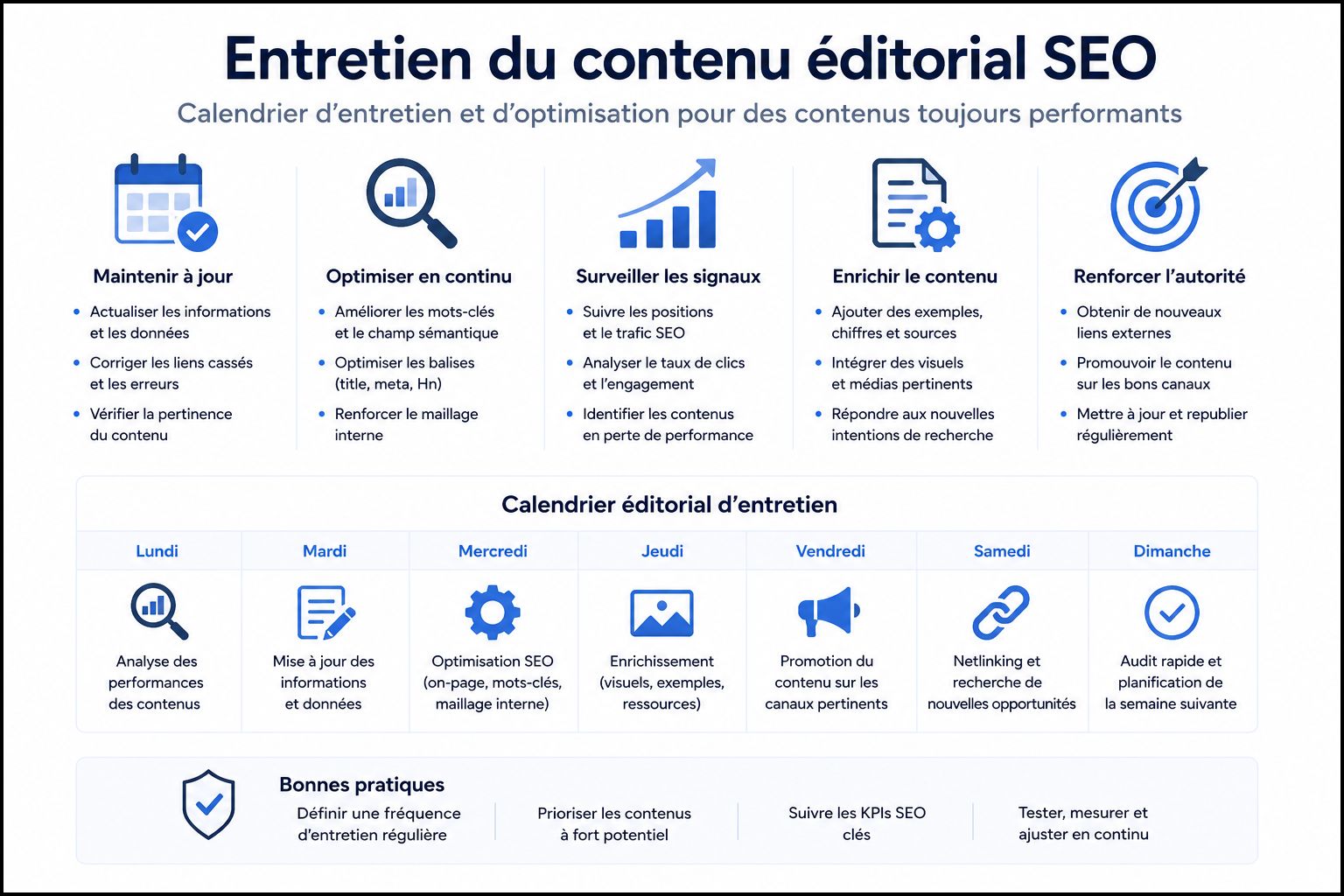 Calendrier éditorial pour l'entretien de contenu de site internet et l'optimisation des signaux de fraîcheur SEO.