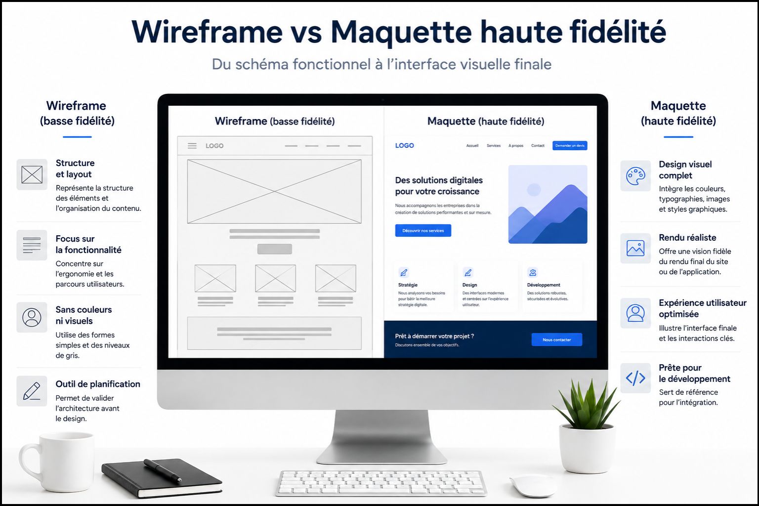 Comparaison entre un wireframe basse fidélité et une maquette de site web haute fidélité sur un écran de designer.